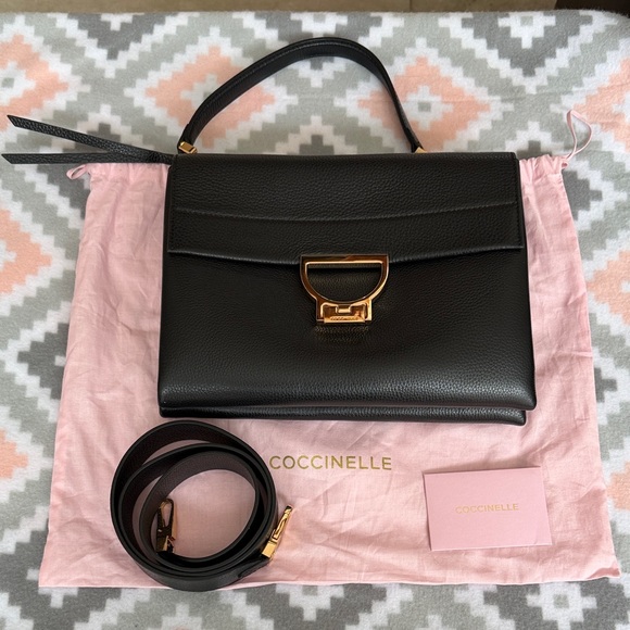 NWT Coccinelle Arlettis Black Leather Handbag detachable crossbody strap Medium - Picture 2 of 16